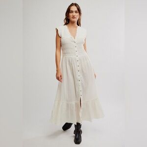 NWT Free People | Women’s Ivory Desert Dazed Button Front Midi Dress Size‎ L